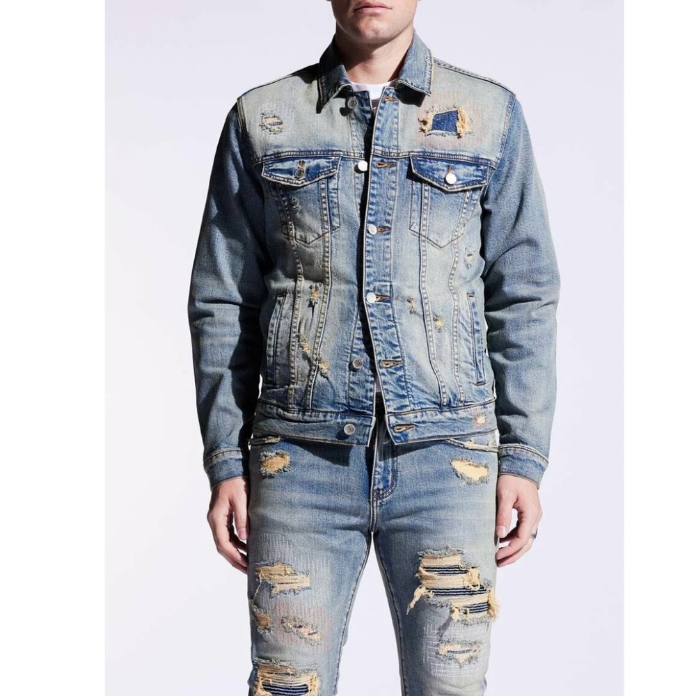 Blue Concat denim jacket by Embellish distressed vintage look size Medium and XL